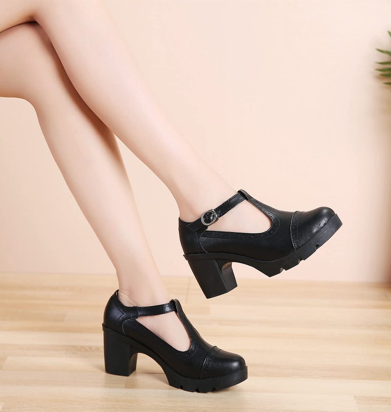 DADAWEN Women's Leather Classic T-Strap Platform Chunky Mid-Heel Mary Jane Square Toe Oxfords Dress Pump Shoes Black US Size 7 - Image 2